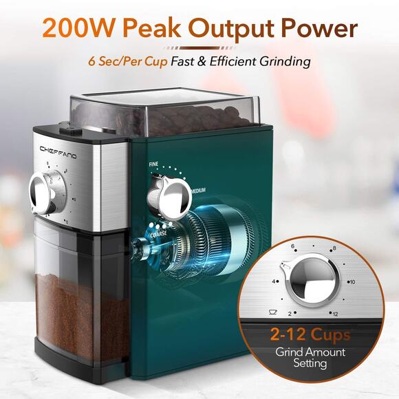 CHEFFANO BG701 Burr Coffee Grinder, Electric Coffee Bean Grinder (Black) - New - Picture 2 of 8